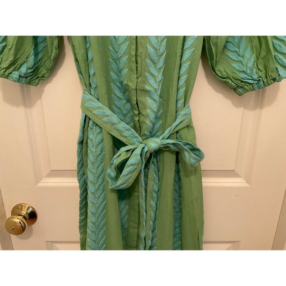 AUGUST RESORTWEAR ZAKAR GREEN LAUREL LEAF BALLOON SLEEVE MAXI DRESS SZ XS/S $240 - Picture 4 of 11
